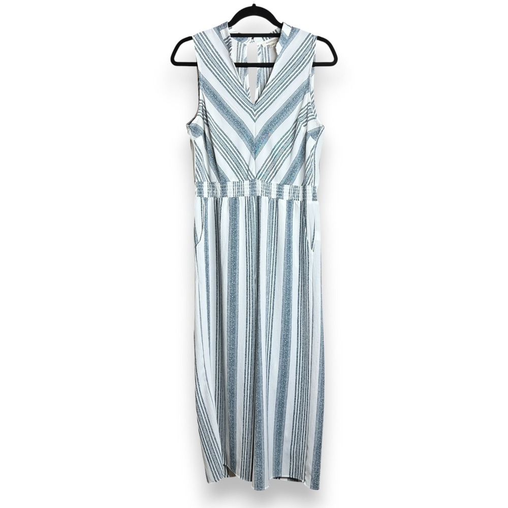 Monteau Los Angeles Women's Large Striped‎ Sleeveless V-Neck Jumpsuit Pockets